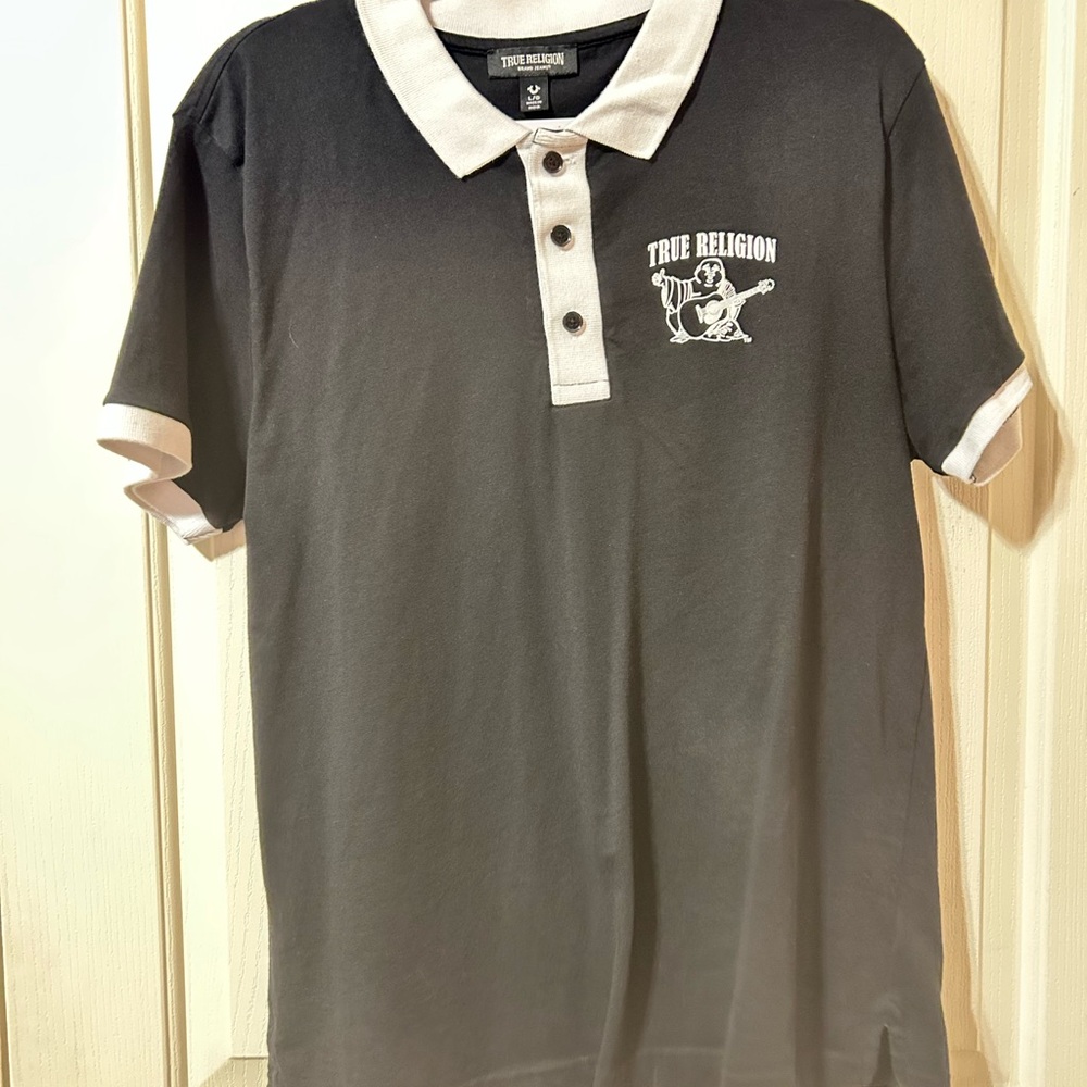 True Religion Black Polo with White Trim and Logo